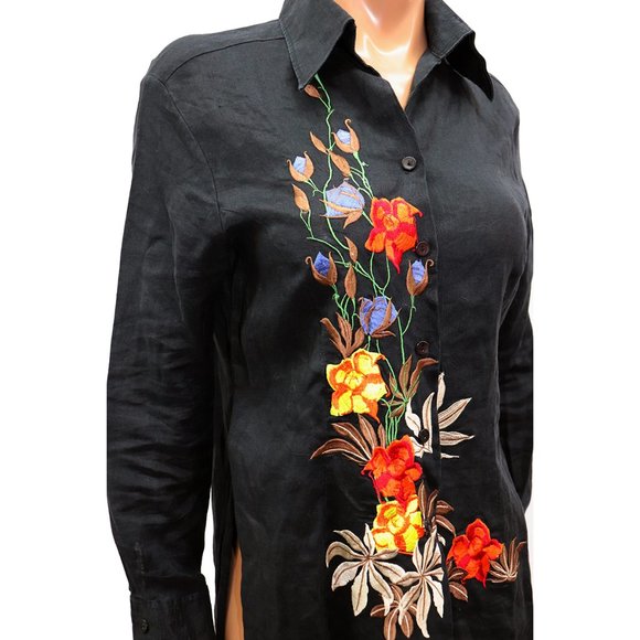 Classic Button Down Black Linen Shirt With Embroidery S-M - Picture 2 of 6